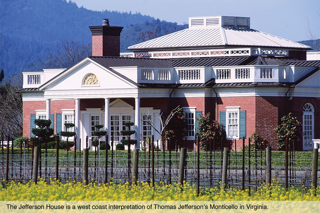 The Jefferson House is a west coast interpretation of Thomas Jeffersons Monticello in Virginia.