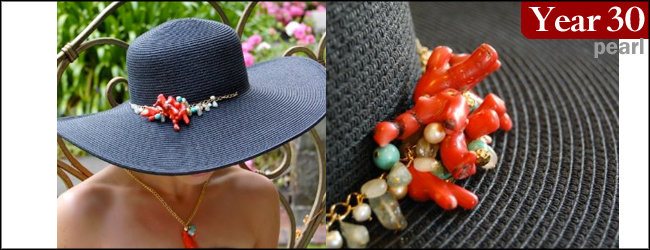 Dashenka Women's Wide Brim Hat (Black) -- BALI Rare Guava Coral, Turquoise & Pearls