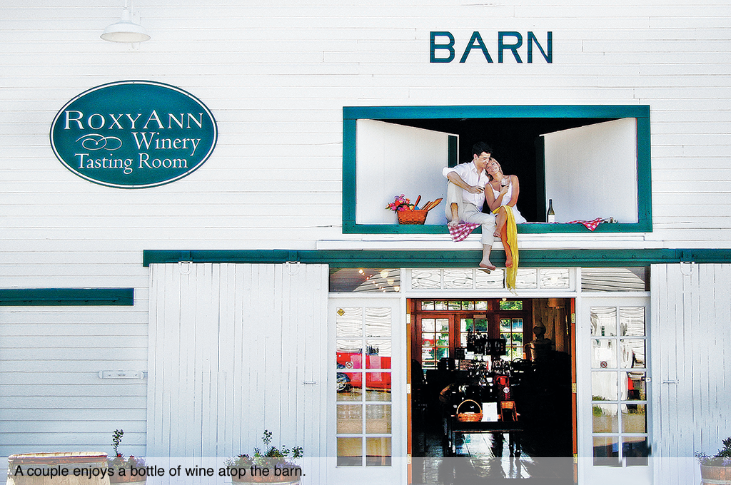 A couple enjoys a bottle of wine atop the barn.